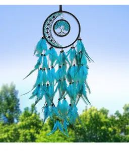 Detail of blue dream catcher with tree of life, turquoise beads and layered hanging feathers
