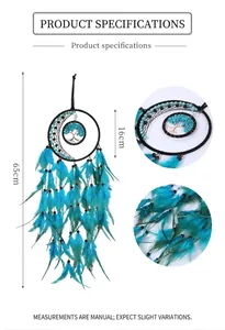 Detailed view of handmade dream catcher with turquoise life tree and vibrant blue feathers