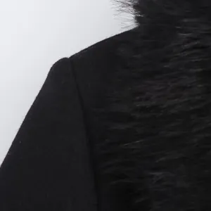 Close-up of premium black faux fur collar and wool blend texture on women's winter coat