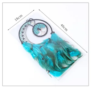 Detail of dream catcher with turquoise feathers and tree of life, 18cm by 40cm size