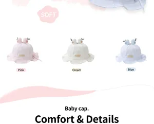 Detailed view of baby sun hats in pink, yellow and blue with cute peach tops