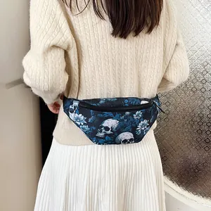 Women nylon waist bag with skull and floral print in navy blue for casual cross-body wear