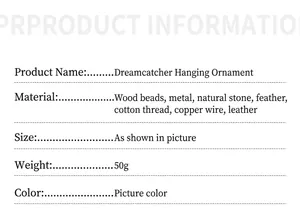 Detailed specifications of the dreamcatcher with wood beads, stones, and feathers