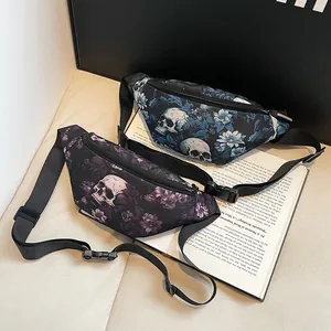Gothic nylon belt bag for women with skull and floral pattern, crossbody style wear