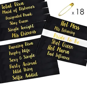 Set of 18 satin bachelorette party sashes with gold Bride to Be lettering and safety pins