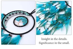 Detail of teal feathers and tree of life dreamcatcher with natural crystal stones