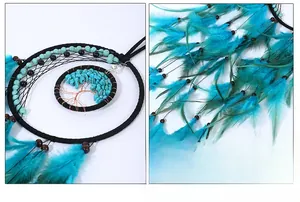 Detail of teal feathers and tree of life dreamcatcher with natural crystal stones