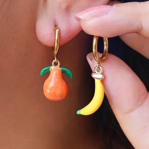 Asymmetric fruit hoop earrings with colorful enamel lemon and banana charms