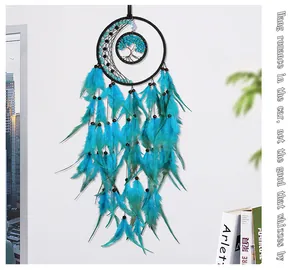 Detail of turquoise feathers and life tree beads on a handcrafted dream catcher