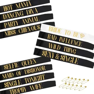 Detailed set of 12 satin sashes with Bride to Be and Bride Tribe gold foil lettering