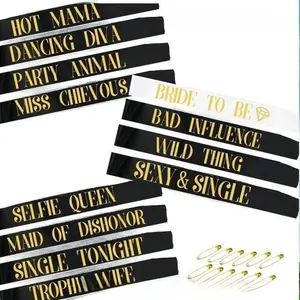 Detailed set of 12 satin sashes with Bride to Be and Bride Tribe gold foil lettering