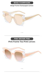 Détail de lunettes de soleil œil de chat avec monture géométrique en cristal beige et rose
