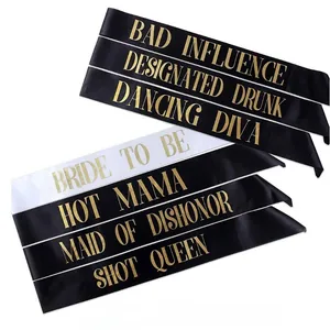 Detail of satin bachelorette party sashes with gold foil Bride To Be lettering