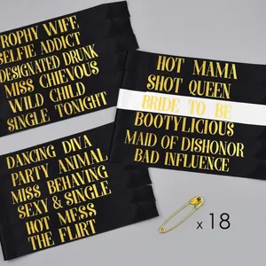 Set of 18 black and white satin bachelorette party sashes with gold foil lettering