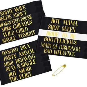 Set of 18 black and white satin bachelorette party sashes with gold foil lettering