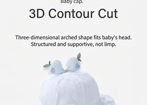 Detail of baby sun hat featuring 3D apple ornament and heart embroidery on blue fabric