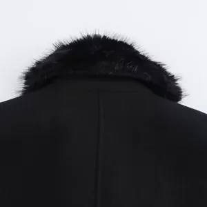 Women's minimalist black wool coat with faux fur collar and central back seam detail