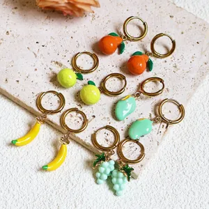 Stainless Steel 18K Gold Plated Summer Fruit Drop Earrings Enamel Orange Mango Grape Lemon Banana Tropical Jewelry For Women