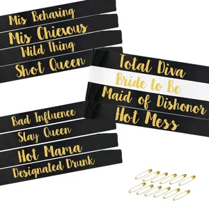12-piece Bachelorette Party sash set with gold Bride to Be lettering and safety pins