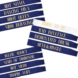 Detail of 12-piece satin bridal sash set with gold lettering for bachelorette parties