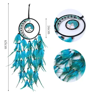 Blue handmade Dream Catcher with Tree of Life design and soft feathers 65cm