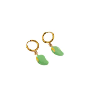 Gold-plated stainless steel mango fruit earrings with green enamel on a white background