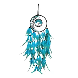 Handmade dream catcher wall hanging with crescent moon tree of life and teal feathers