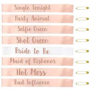 8-piece satin Bride to Be and Bride Tribe sash set in rose gold with gold pins