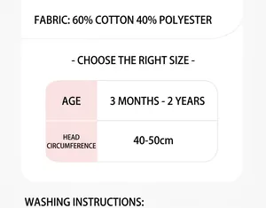 Size chart for baby sun hat with 60% cotton fabric specifications and size guide