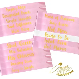 Set of 16 satin sashes including one white Bride to Be and fifteen pink Bride Tribe sashes
