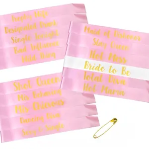 Set of 16 satin sashes including one white Bride to Be and fifteen pink Bride Tribe sashes