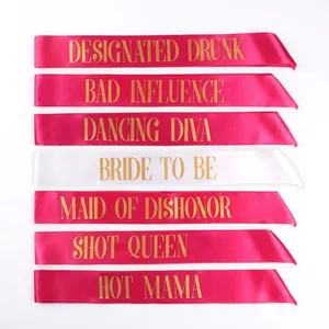 7-piece bachelorette party sashes set with gold Bride to Be lettering in pink and white