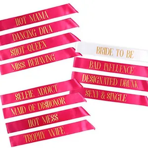 Hot pink and white satin party sashes with gold Bride to Be and Bride Tribe lettering