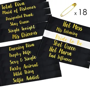 18-piece black and white satin sashes set for Bachelorette and Hen Parties with gold foil font