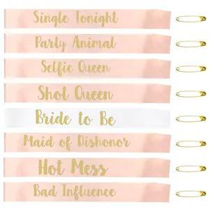 Set of 8 bachelorette party sashes including 1 white Bride to Be and 7 pink sashes