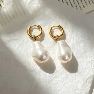 Baroque baroque irregular pearl drop earrings with 18k gold plated hoops for women