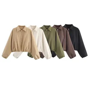 Vestes courtes pour femmes avec fermeture éclair en kaki, olive et noir à col montant
