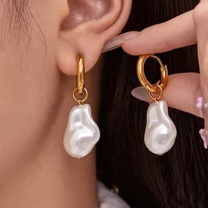 Stainless Steel 18K Gold Plated Baroque Irregular Artificial Pearl Hoop Earrings For Women French Vintage Elegant Geometric Drop Jewelry