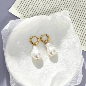 18k gold plated stainless steel hoop earrings with large baroque irregular pearls
