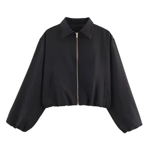 Veste bouffante noire pour femme avec col à revers classique et fermeture éclair dorée