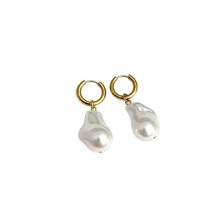 18k gold plated stainless steel hoop earrings with white baroque irregular pearls