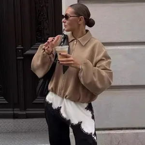 Veste Femme Décontractée à Revers et Fermeture Éclair Blouson Court Couleur Unie Manches Longues Manteau Mode Automne Hiver