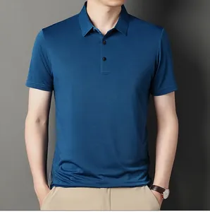 Detailed view of royal blue polo shirt featuring classic collar and ice silk fabric texture
