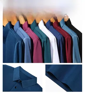 Detail view of men's ice silk polo shirt featuring collar design and multiple color options