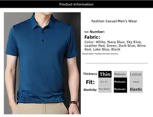 Detail of dark blue short sleeve ice silk polo shirt featuring collar and button texture