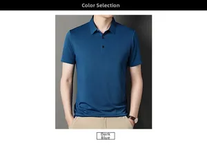 Detail of dark blue short sleeve ice silk polo shirt with three-button collar design