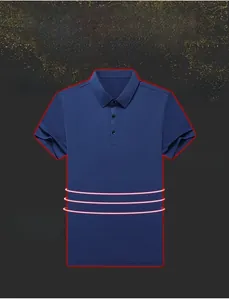 Detail view of navy blue polo shirt featuring 3D tailoring and high-elastic ribbed collar