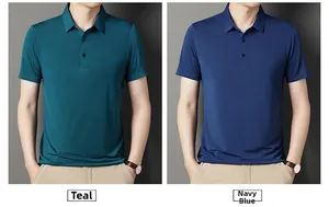 Detail of men's short sleeve polo shirts in teal and navy blue with a smooth silk texture