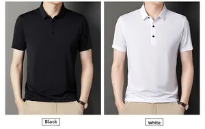 Close-up of men's ice silk polo shirt details in black and white colors with three-button collar