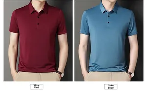 Detail view of men's ice silk Polo shirt in wine red and lake blue color options